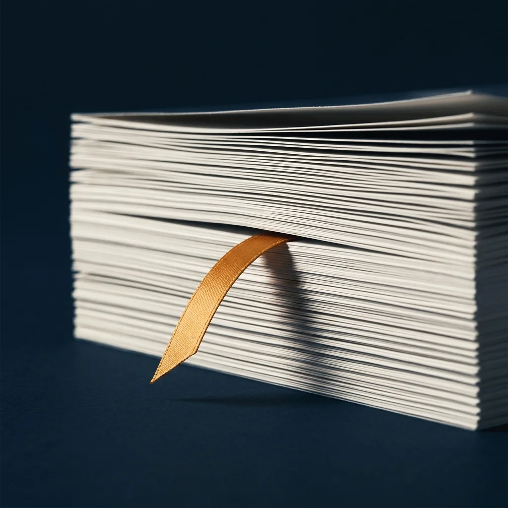 Compressed strata of stacked document pages with a single amber bookmark ribbon