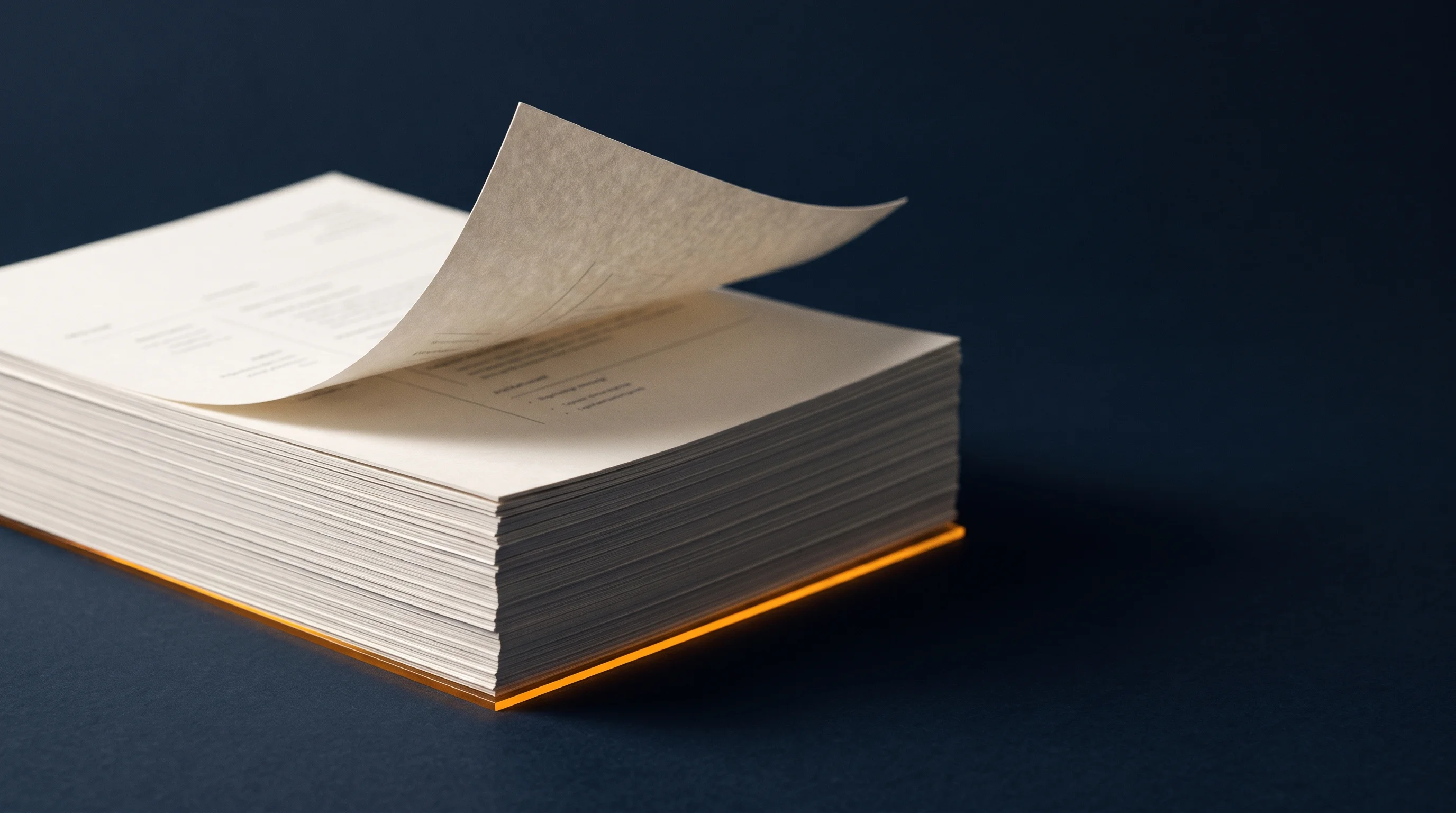A stack of crisp resume documents on an amber base line, one sheet lifting mid-turn