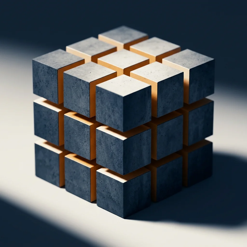 A concrete monolith cube sliced into modular cubes with amber cut faces