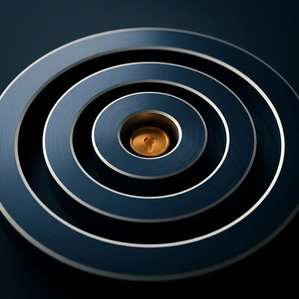 Concentric machined access rings stepping down to an amber keyed core